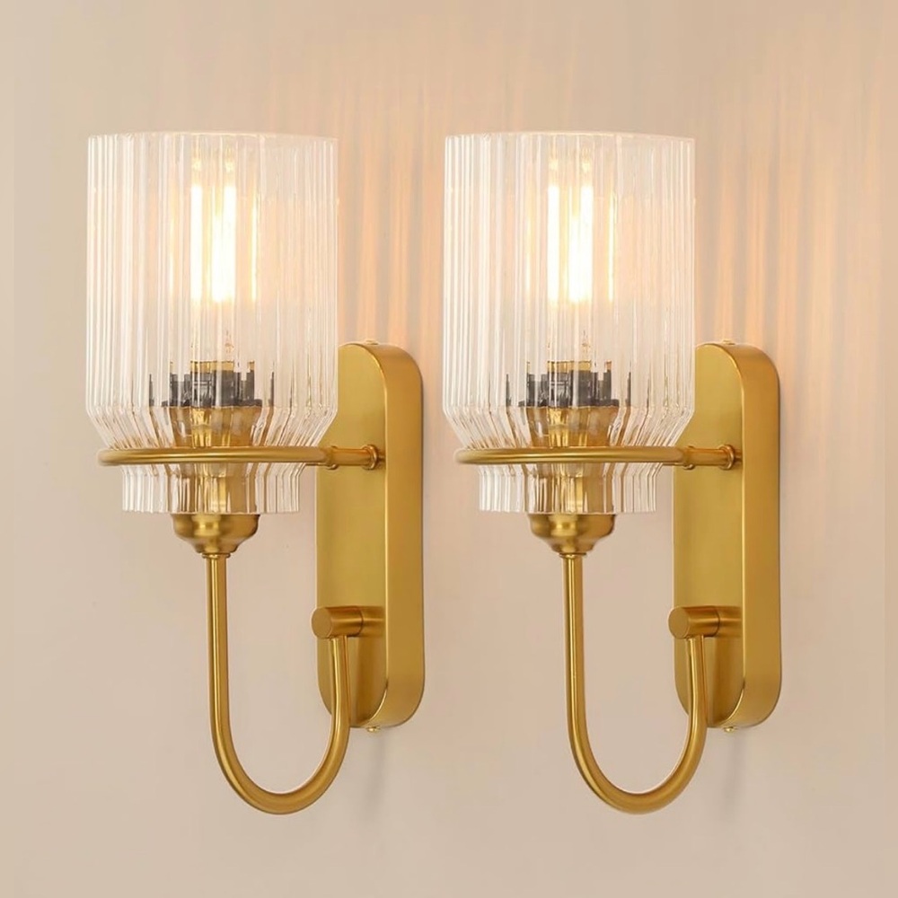 Elegant Gold Wall Sconces Set Of 2 With Clear Glass Shade Bathroom Kitchen NEW